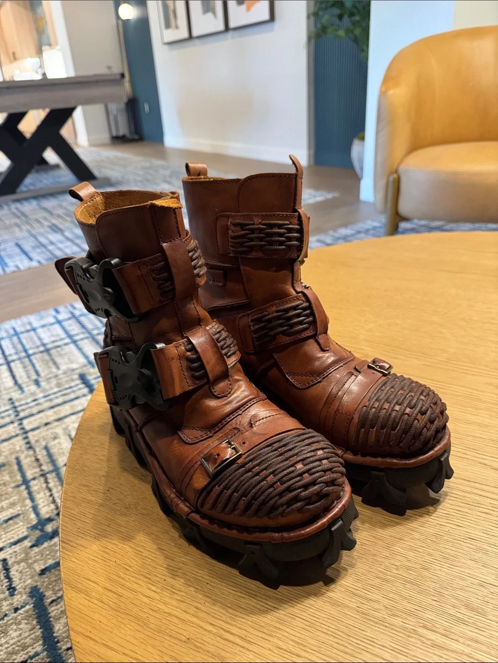 Women's Tan Woven Leather Moto Combat Boots - Picture 3 of 12